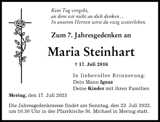 Traueranzeige von Maria Steinhart von Friedberger Allgemeine