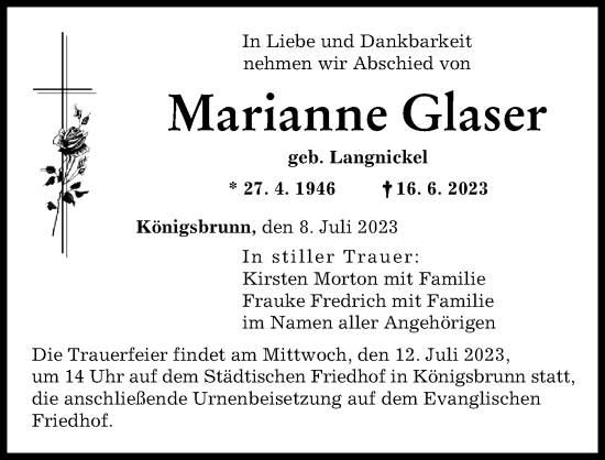 Traueranzeige von Marianne Glaser von Schwabmünchner Allgemeine