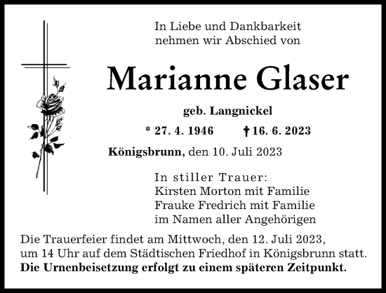 Traueranzeige von Marianne Glaser von Schwabmünchner Allgemeine