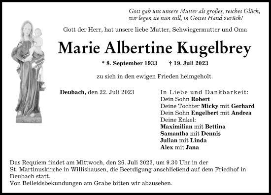 Traueranzeige von Marie Albertine Kugelbrey von Augsburger Allgemeine