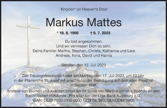 Traueranzeige von Markus Mattes von Neu-Ulmer Zeitung