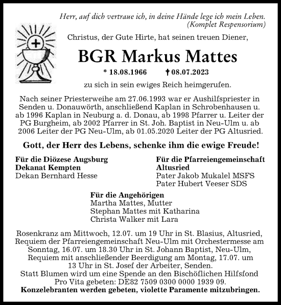 Traueranzeige von Markus Mattes von Augsburger Allgemeine