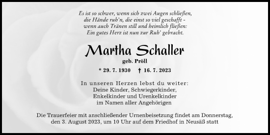 Traueranzeige von Martha Schaller von Augsburger Allgemeine
