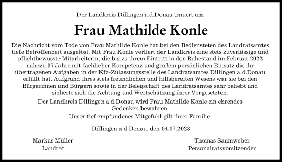 Traueranzeige von Mathilde Konle von Donau Zeitung