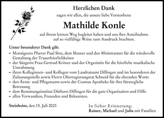 Traueranzeige von Mathilde Konle von Donau Zeitung