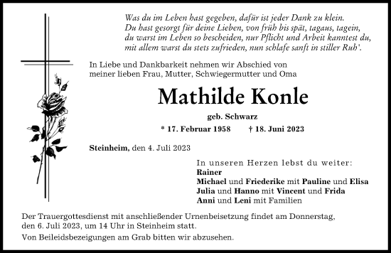 Traueranzeige von Mathilde Konle von Donau Zeitung
