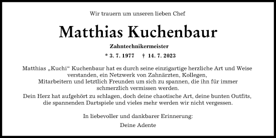 Traueranzeige von Matthias Kuchenbaur von Augsburger Allgemeine