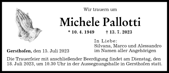 Traueranzeige von Michele Pallotti von Augsburger Allgemeine