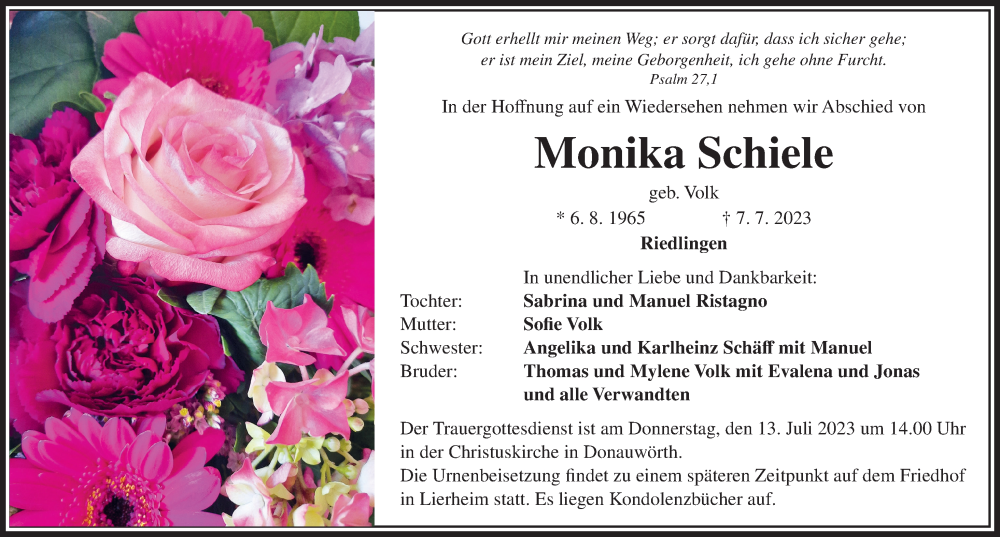  Traueranzeige für Monika Schiele vom 11.07.2023 aus Donauwörther Zeitung, Rieser Nachrichten