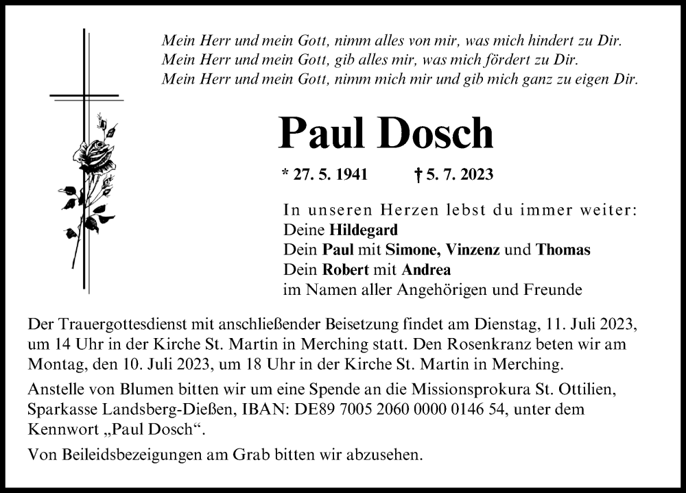  Traueranzeige für Paul Dosch vom 08.07.2023 aus Friedberger Allgemeine