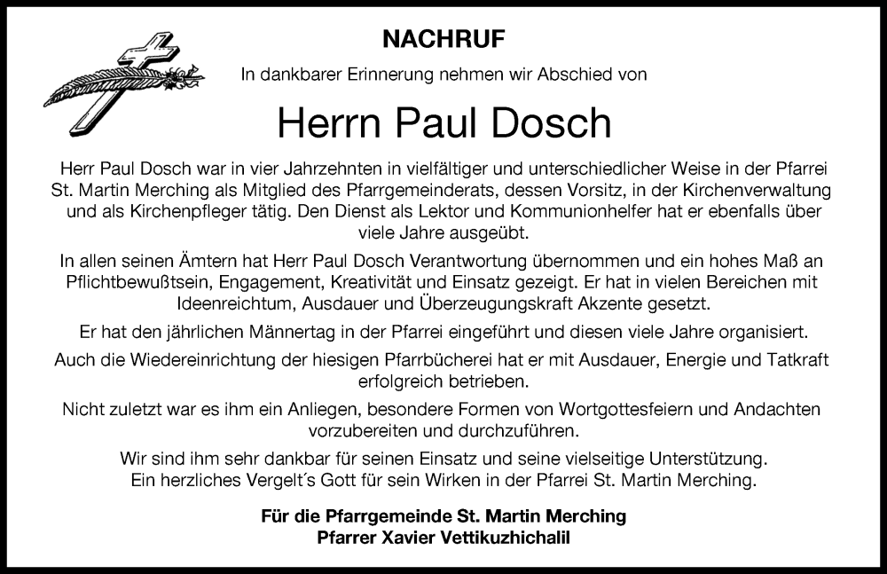  Traueranzeige für Paul Dosch vom 08.07.2023 aus Friedberger Allgemeine