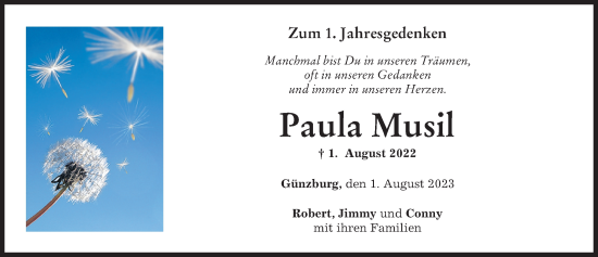 Traueranzeige von Paula Musil von Günzburger Zeitung