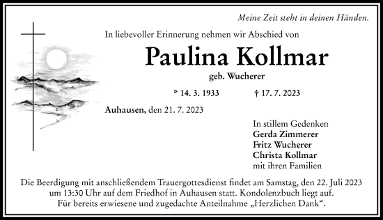 Traueranzeige von Paulina Kollmar von Rieser Nachrichten