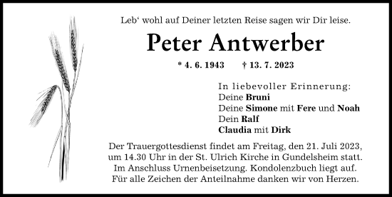 Traueranzeige von Peter Antwerber von Donauwörther Zeitung