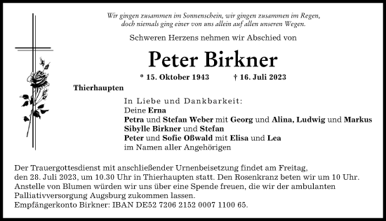 Traueranzeige von Peter Birkner von Augsburg-Land