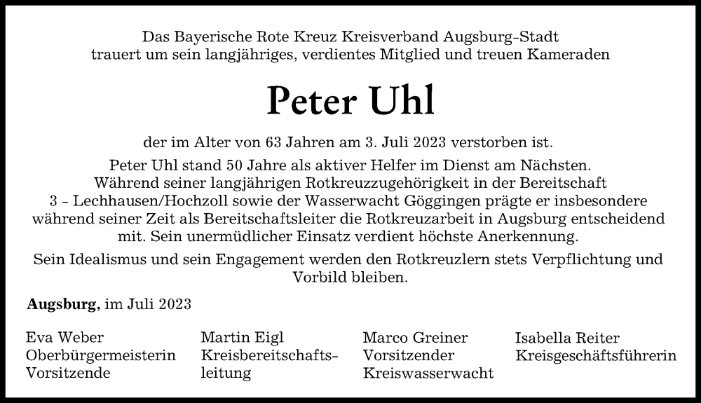  Traueranzeige für Peter Uhl vom 22.07.2023 aus Augsburger Allgemeine