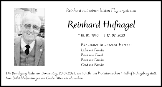 Traueranzeige von Reinhard Hufnagel von Donau Zeitung, Rieser Nachrichten