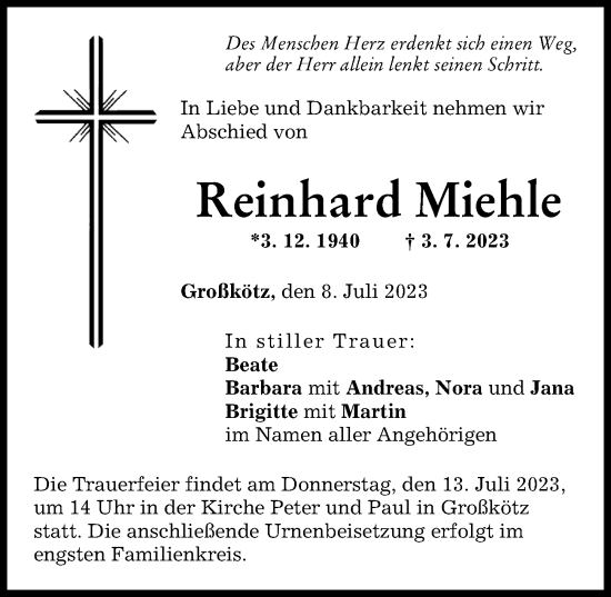 Traueranzeige von Reinhard Miehle von Günzburger Zeitung