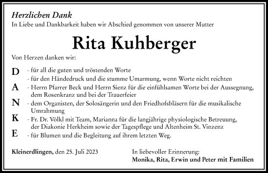 Traueranzeige von Rita Kuhberger von Rieser Nachrichten