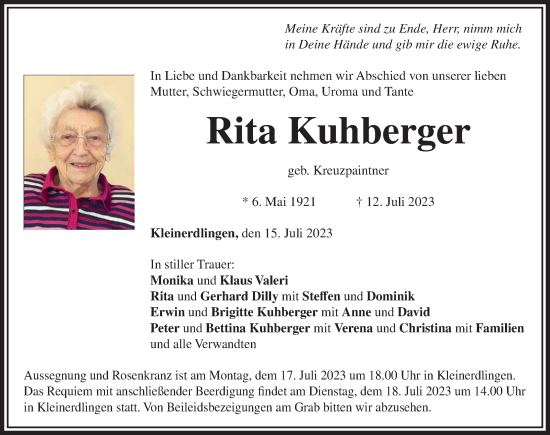 Traueranzeige von Rita Kuhberger von Rieser Nachrichten