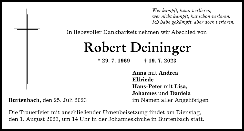  Traueranzeige für Robert Deininger vom 25.07.2023 aus Günzburger Zeitung
