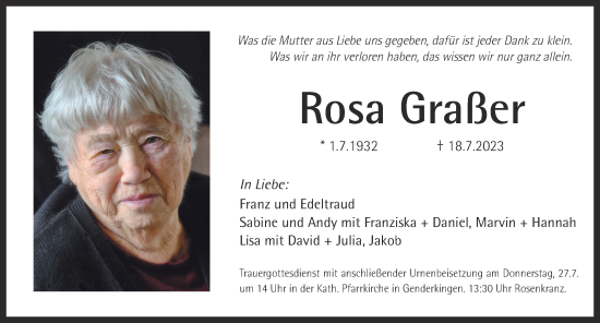 Traueranzeige von Rosa Graßer von Donauwörther Zeitung