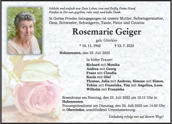 Traueranzeige von Rosemarie Geiger von Mindelheimer Zeitung