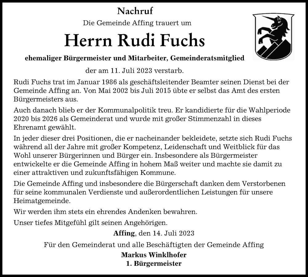  Traueranzeige für Rudi Fuchs vom 13.07.2023 aus Friedberger Allgemeine, Aichacher Nachrichten