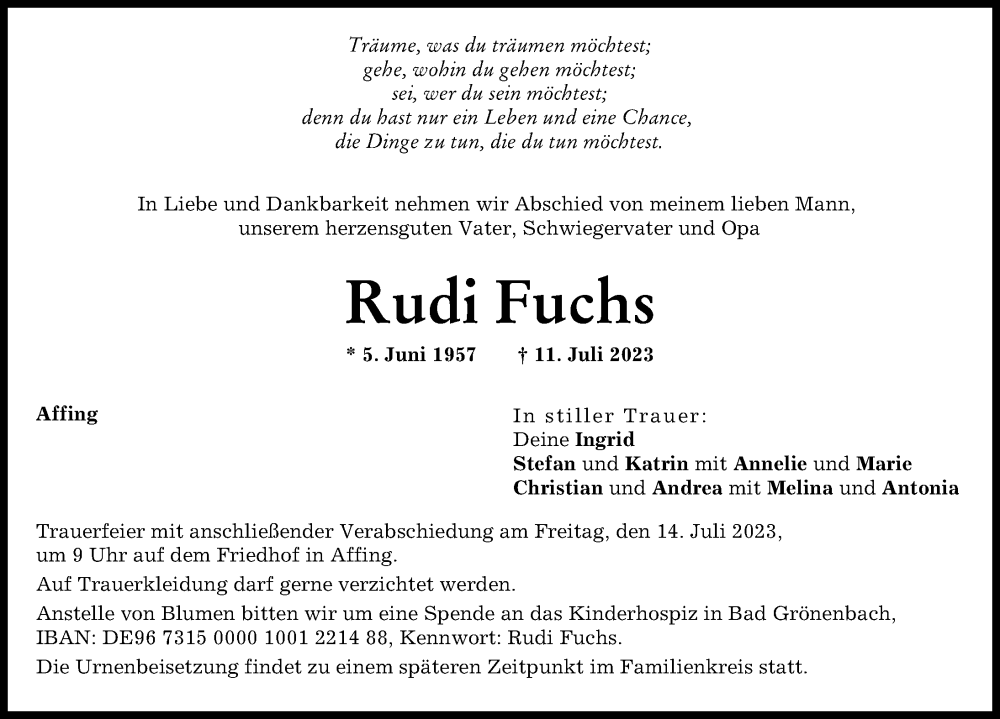  Traueranzeige für Rudi Fuchs vom 12.07.2023 aus Augsburger Allgemeine, Aichacher Nachrichten