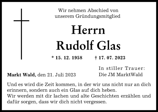 Traueranzeige von Rudolf Glas von Mindelheimer Zeitung