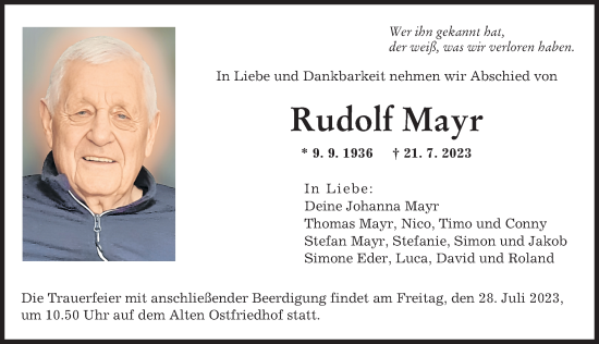 Traueranzeige von Rudolf Mayr von Augsburger Allgemeine