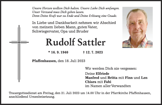 Traueranzeige von Rudolf Sattler von Mindelheimer Zeitung