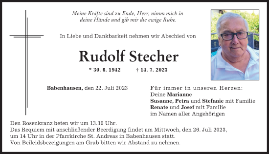 Traueranzeige von Rudolf Stecher von Illertisser Zeitung