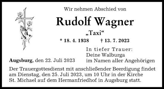 Traueranzeige von Rudolf Wagner von Augsburger Allgemeine
