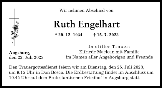 Traueranzeige von Ruth Engelhart von Augsburger Allgemeine