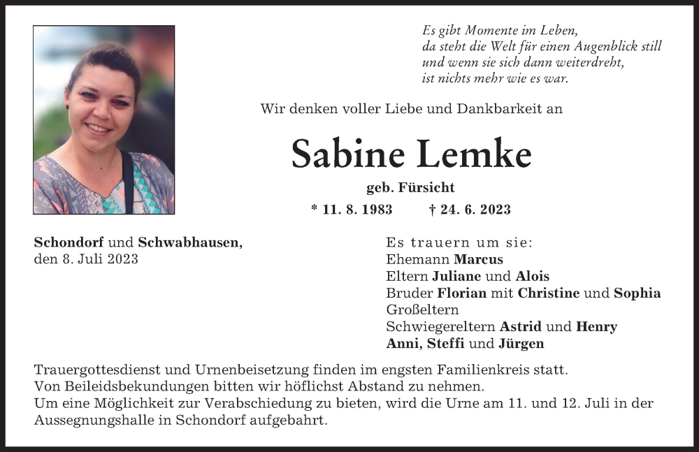  Traueranzeige für Sabine Lemke vom 08.07.2023 aus Landsberger Tagblatt