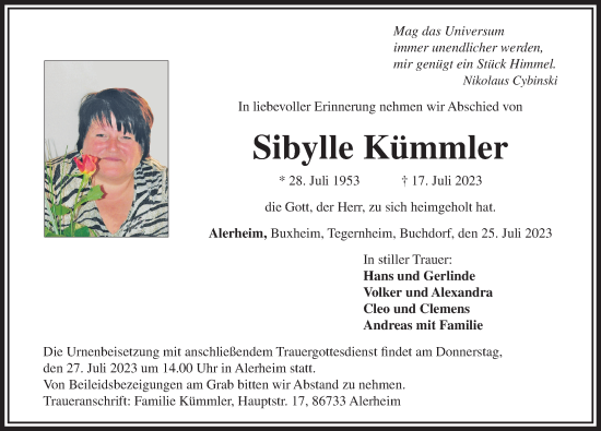 Traueranzeige von Sibylle Kümmler von Rieser Nachrichten