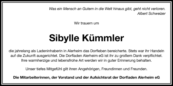 Traueranzeige von Sibylle Kümmler von Rieser Nachrichten