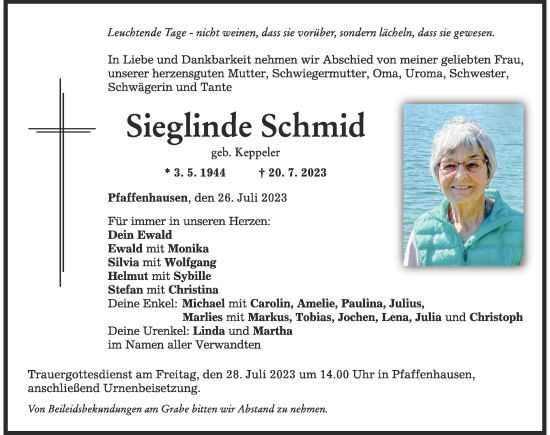 Traueranzeige von Sieglinde Schmid von Mindelheimer Zeitung