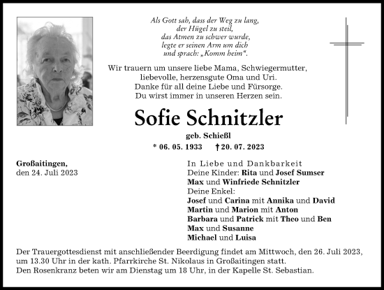 Traueranzeige von Sofie Schnitzler von Schwabmünchner Allgemeine