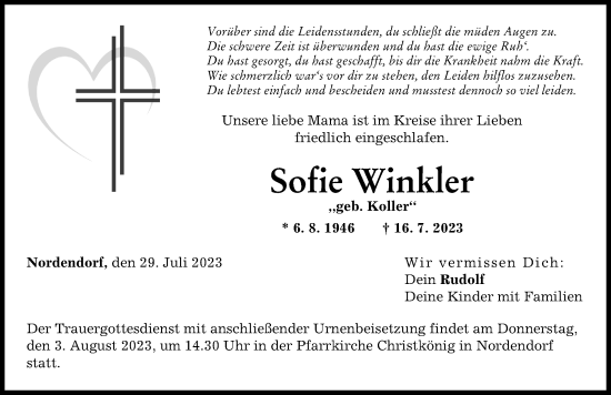 Traueranzeige von Sofie Winkler von Augsburg-Land