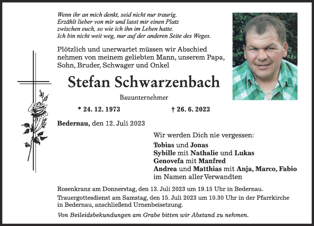  Traueranzeige für Stefan Schwarzenbach vom 12.07.2023 aus Mindelheimer Zeitung