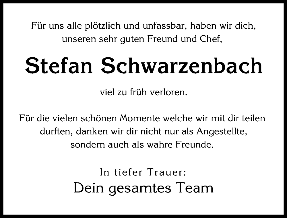  Traueranzeige für Stefan Schwarzenbach vom 14.07.2023 aus Mindelheimer Zeitung