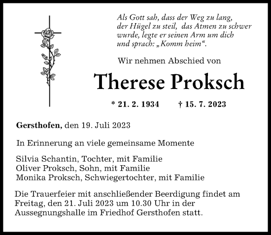 Traueranzeige von Therese Proksch von Augsburger Allgemeine
