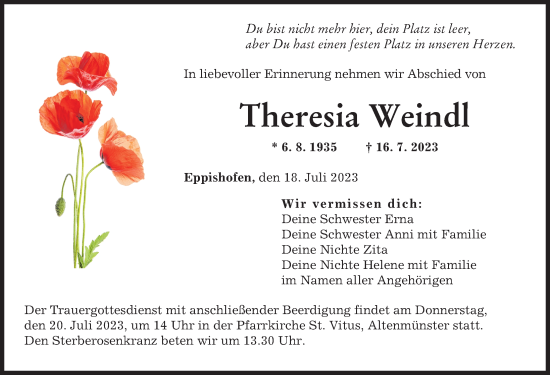 Traueranzeige von Theresia Weindl von Augsburger Allgemeine