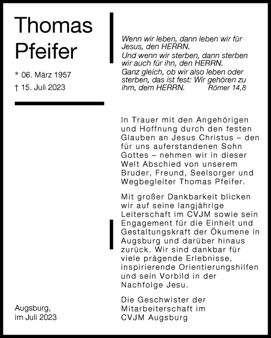 Traueranzeige von Thomas Pfeifer von Augsburger Allgemeine