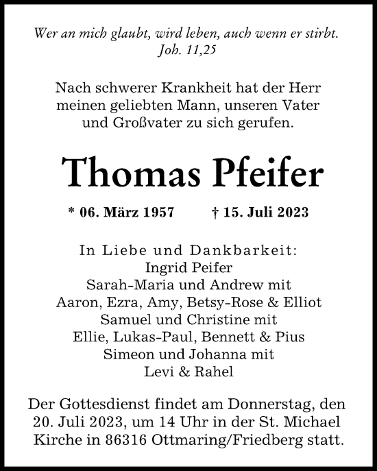 Traueranzeige von Thomas Pfeifer von Augsburger Allgemeine