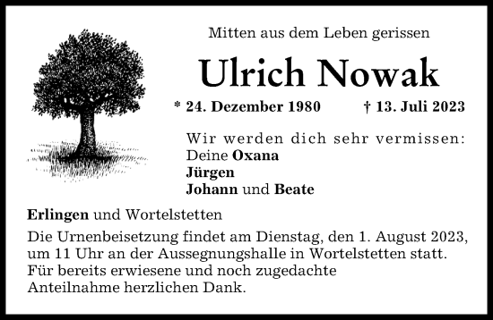 Traueranzeige von Ulrich Nowak von Wertinger Zeitung, Augsburg-Land