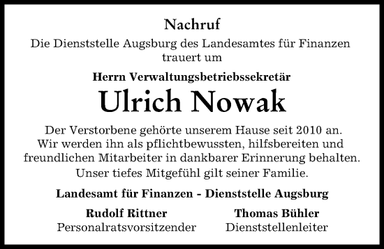 Traueranzeige von Ulrich Nowak von Augsburg-Land, Wertinger Zeitung