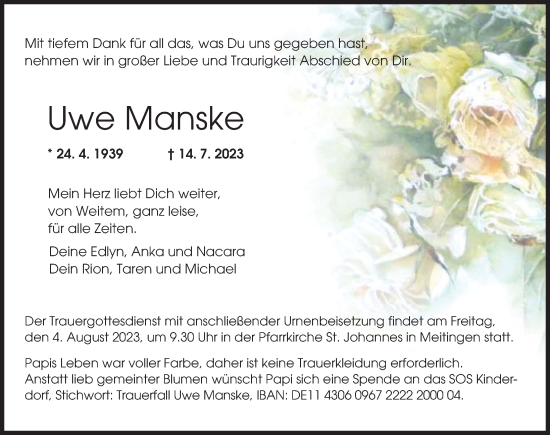 Traueranzeige von Uwe Manske von Augsburger Allgemeine